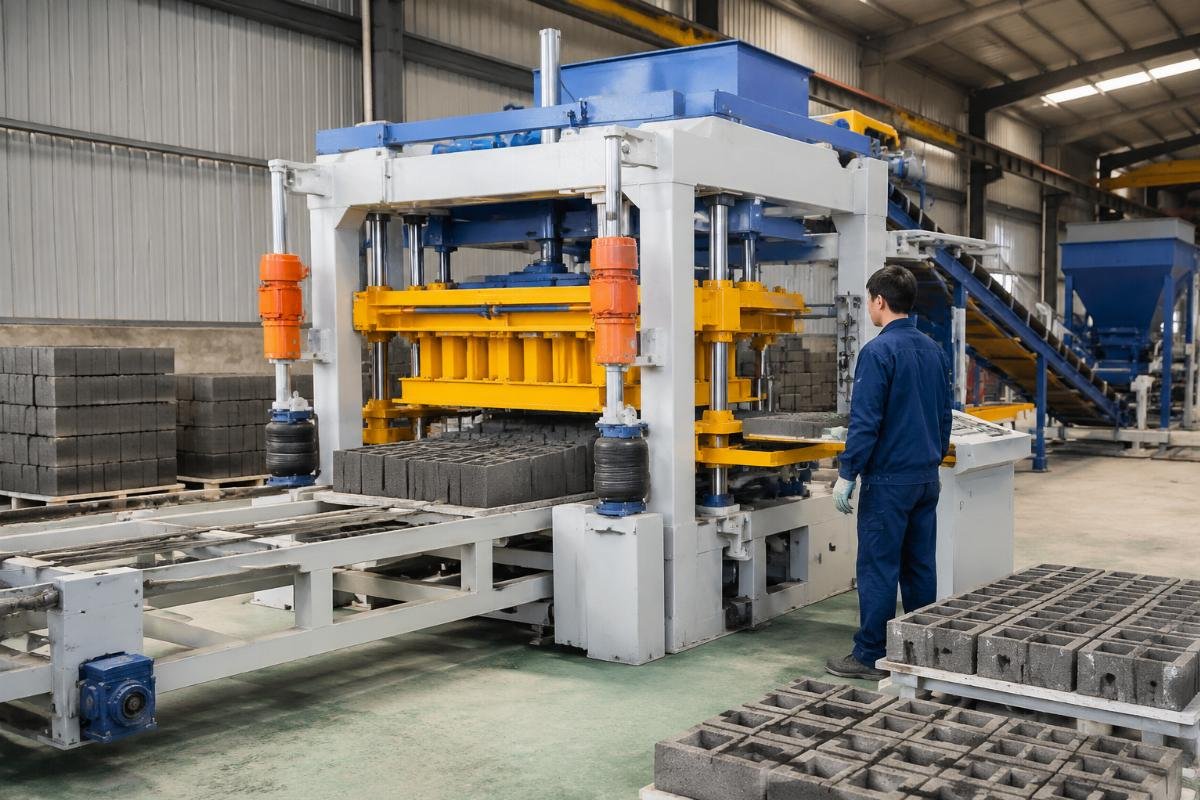 European-style vibration system with airbag isolation European-style block machine with airbag system and 4 vibration motors