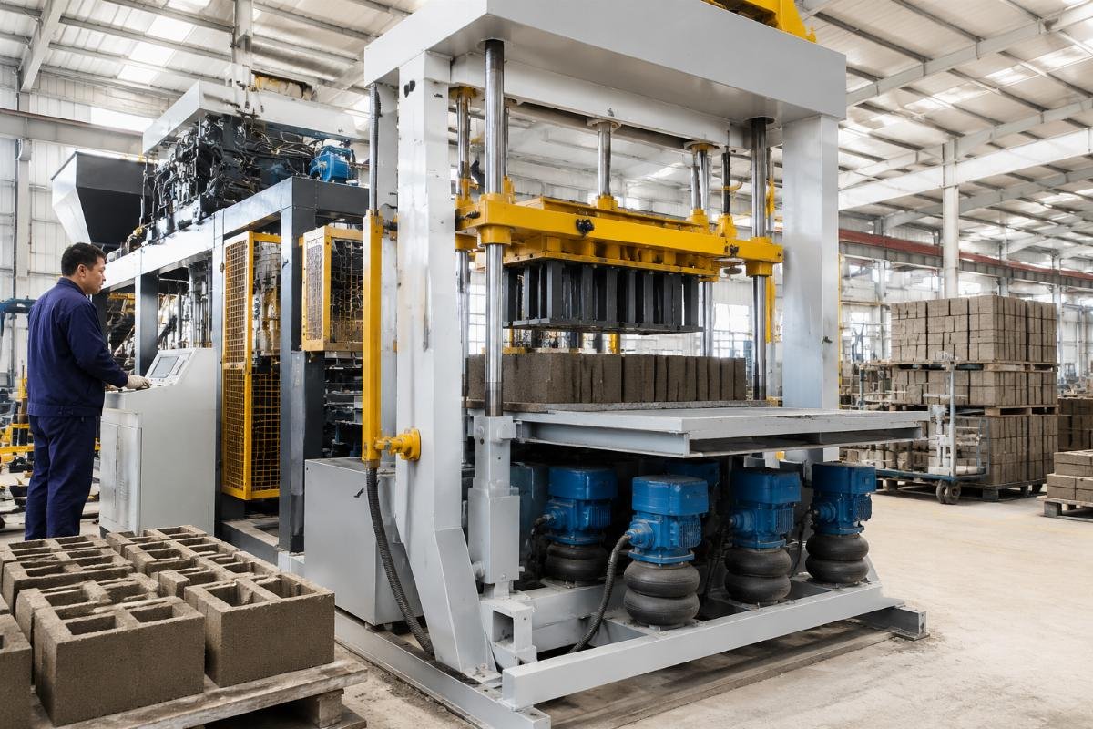four-motor vibration airbag system concrete block machine European design Four-motor vibration system with airbag cushioning installed on an automatic concrete block making machine