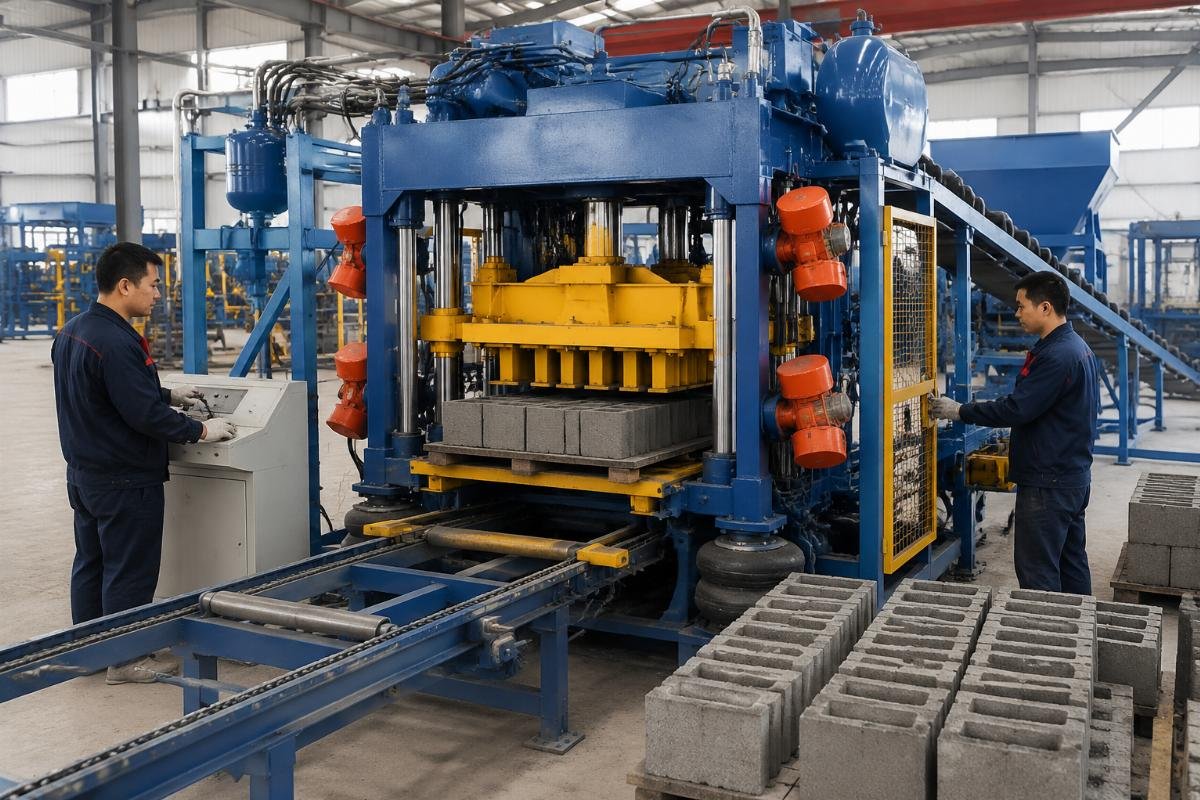 European-style automatic block machine with four vibration motors and airbag system in factory workshop
