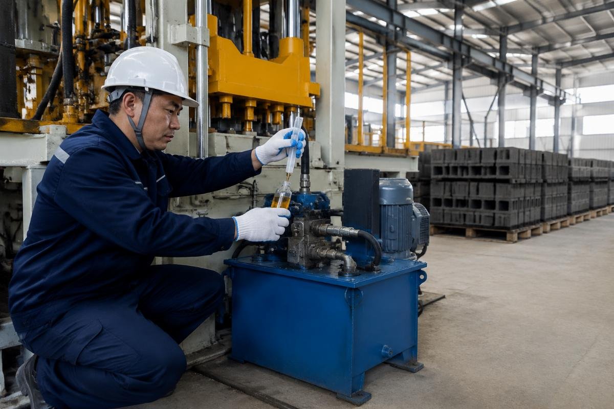Oil sample being drawn from a block machine hydraulic reservoir for laboratory particle count analysis