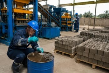 Hydraulic oil drum being sampled at a block machine production site in Lagos