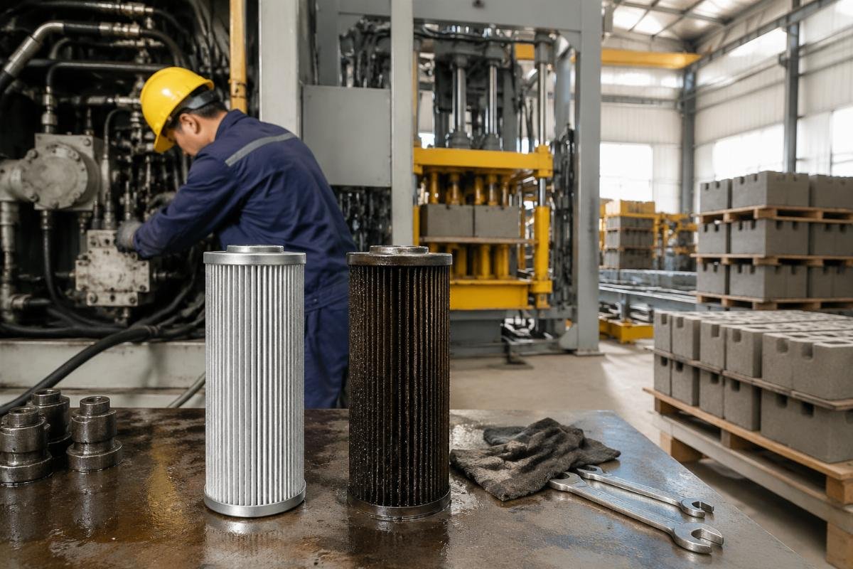 hydraulic oil replacement interval brick machine Hydraulic filter elements before and after replacement showing contamination buildup