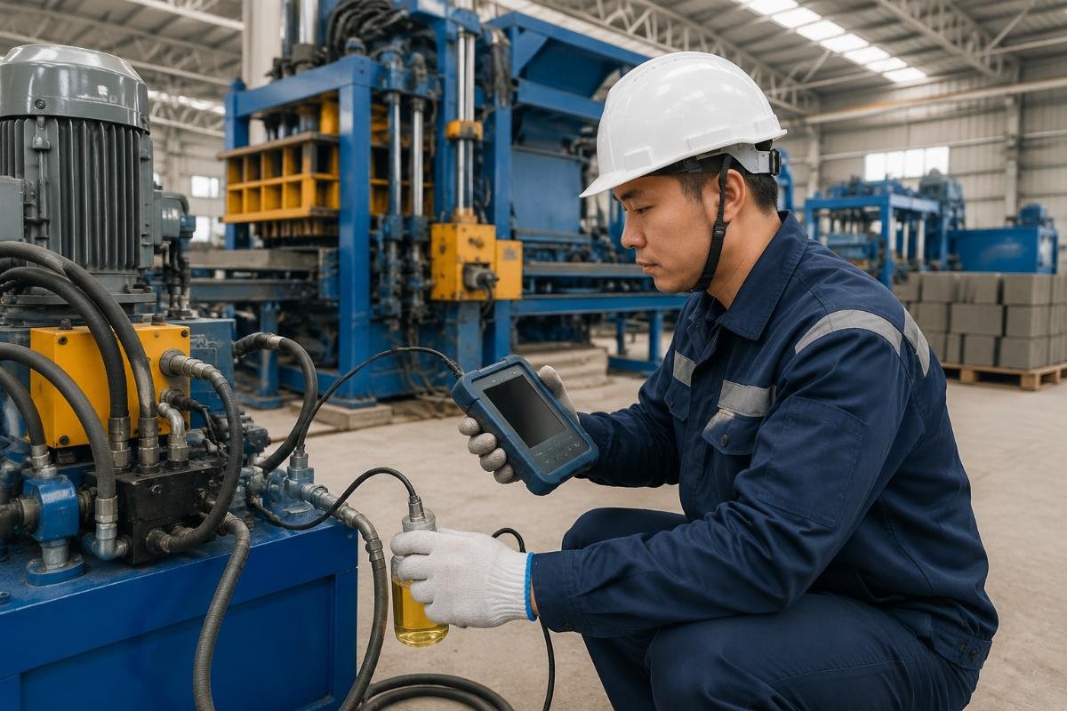 Technician using a portable particle counter to check hydraulic oil cleanliness on a block machine production line