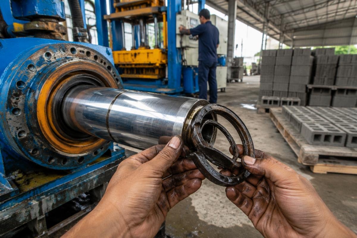 Close-up of degraded hydraulic seal removed from a block machine cylinder in tropical climate
