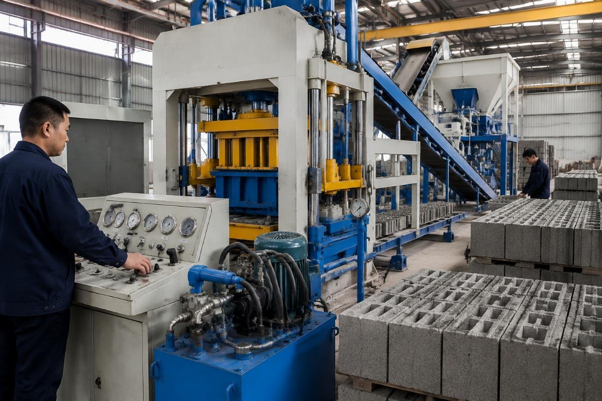 hydraulic pressure calibration ROI block production line optimization Production log sheet showing hydraulic pressure settings, daily output, and breakage rates at a concrete block factory