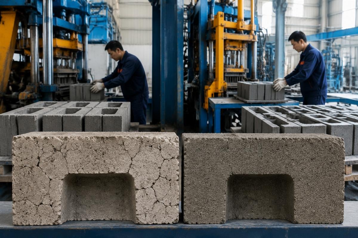 hydraulic pressure over-compaction micro-cracking concrete blocks Side-by-side cross-section of concrete blocks showing micro-cracks from over-pressurization versus uniform density from calibrated pressure