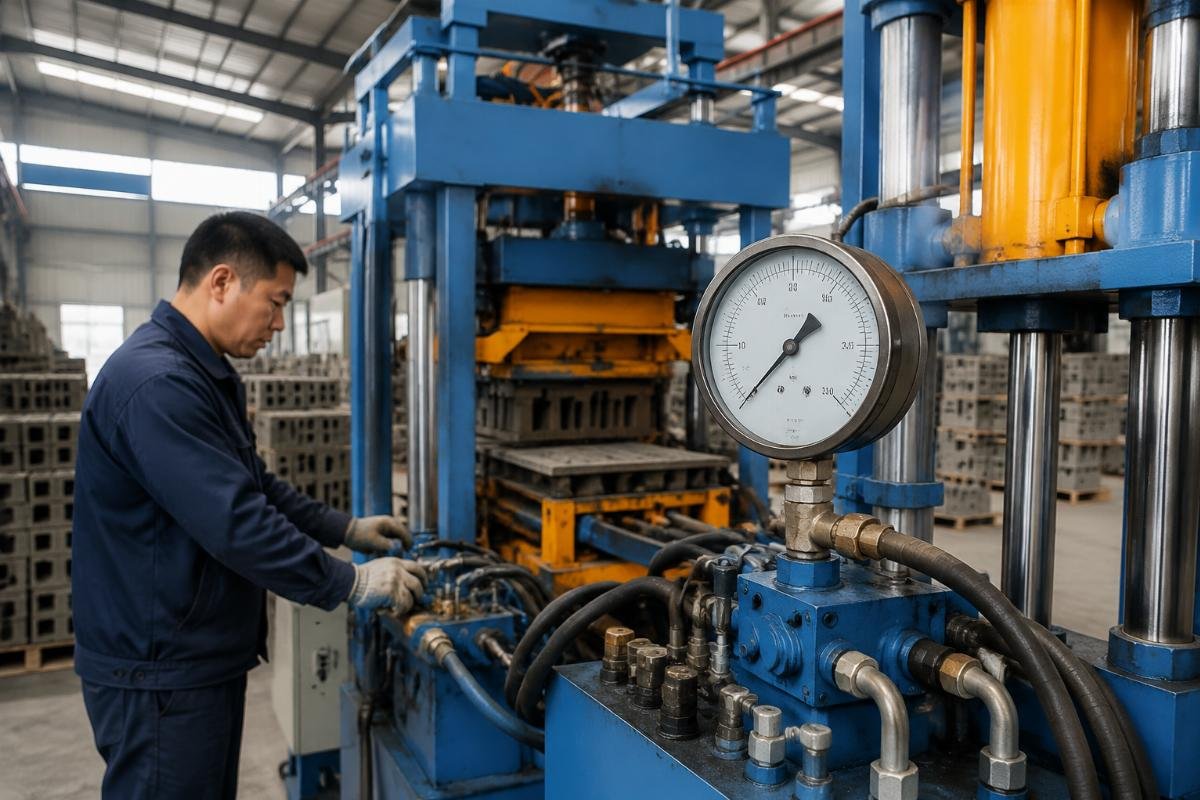 hydraulic pressure settings block types calibration guide Hydraulic pressure gauge on a concrete block making machine showing calibrated MPa settings