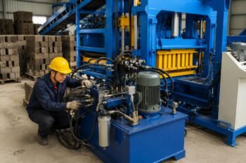 Hydraulic system of a block making machine with labeled components including oil tank, pump, filters, and valves