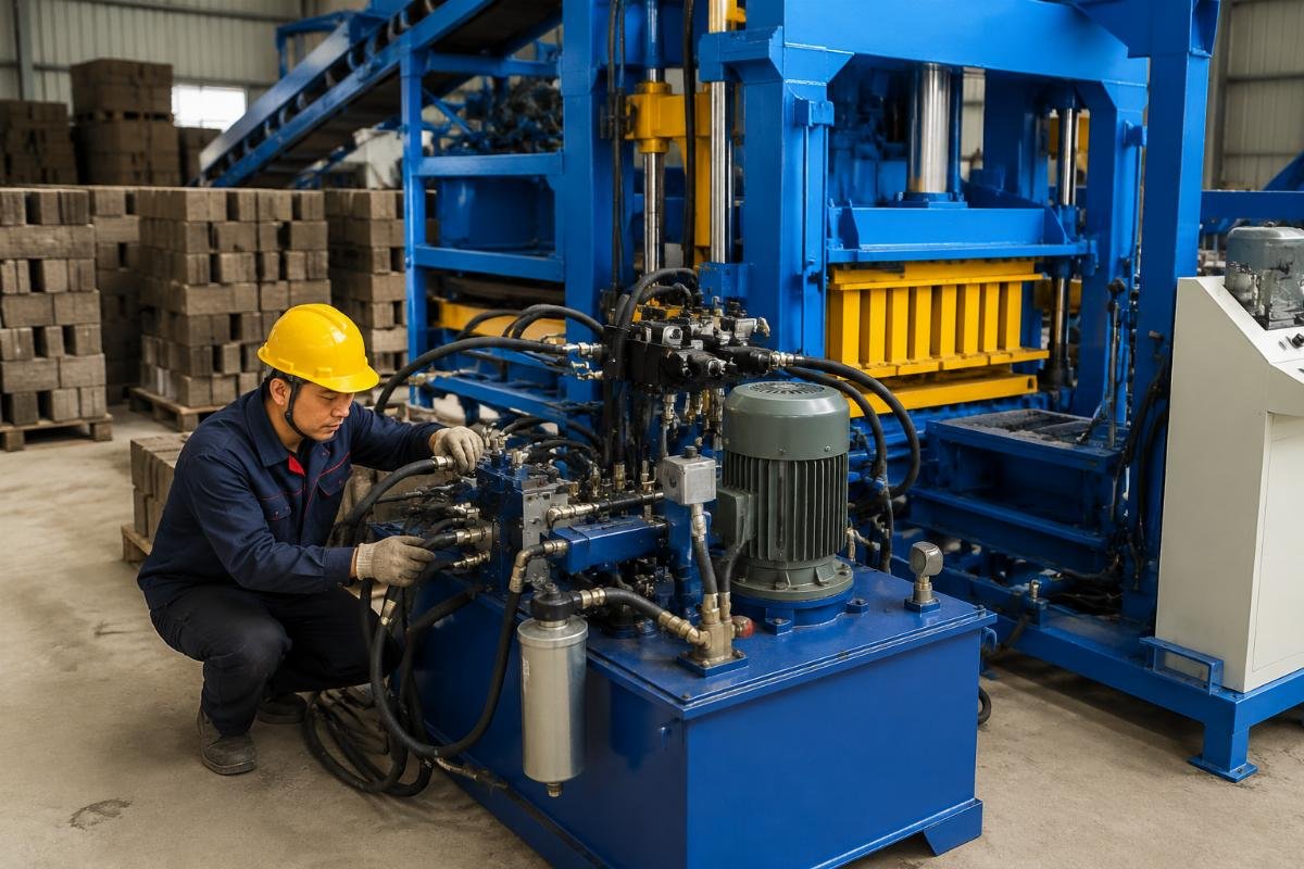 hydraulic system maintenance block making machine Hydraulic system of a block making machine with labeled components including oil tank, pump, filters, and valves
