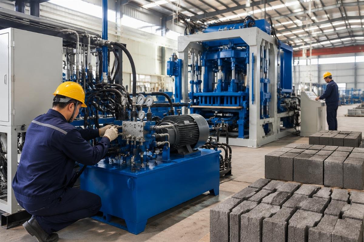 hydraulic system maintenance block making machine Shandong Shiyue factory floor showing hydraulic assembly workshop for block making machines