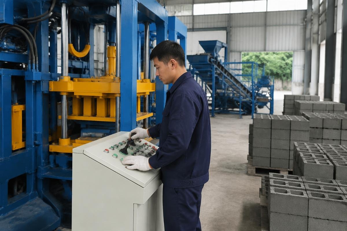 Block making machine control panel showing adjustable vibration settings for different sand types