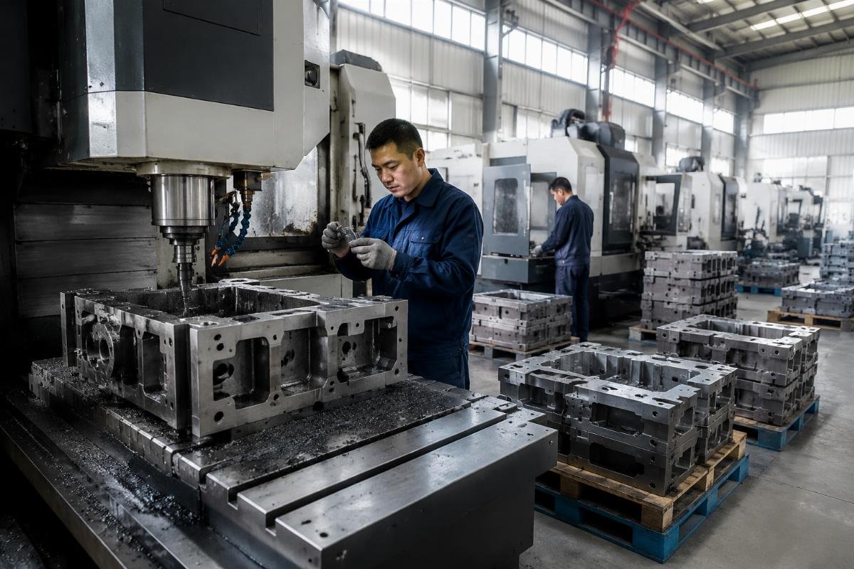 Factory workshop showing CNC machining of block machine mold components with quality inspection