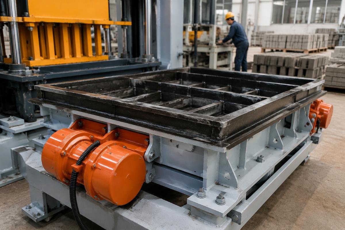 Close-up of hardened manganese steel mold box and vibration motor assembly