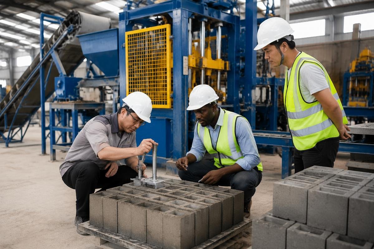 Engineers conducting on-site density testing and machine calibration at a client factory