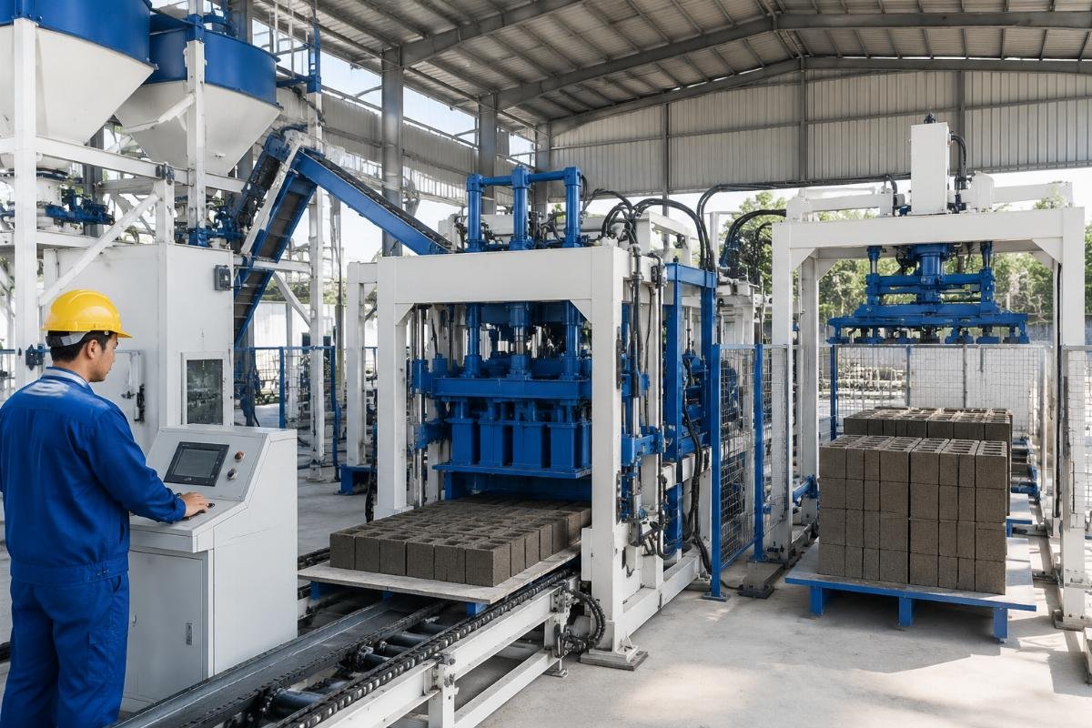 PLC controlled complete block production line turnkey solution Complete automatic block production line with unified PLC control system including batching machine, block host, and stacker