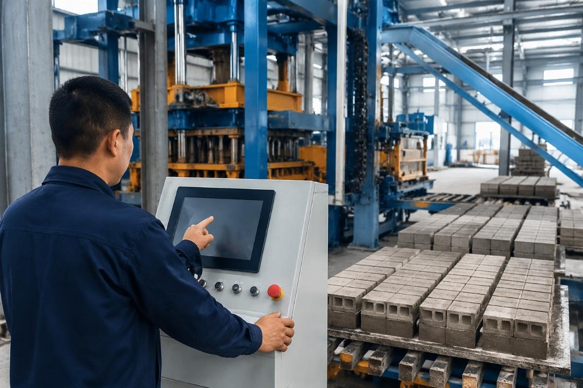 PLC HMI block quality control interface PLC touchscreen HMI displaying real-time vibration frequency, pressure readings, and batch recipe parameters