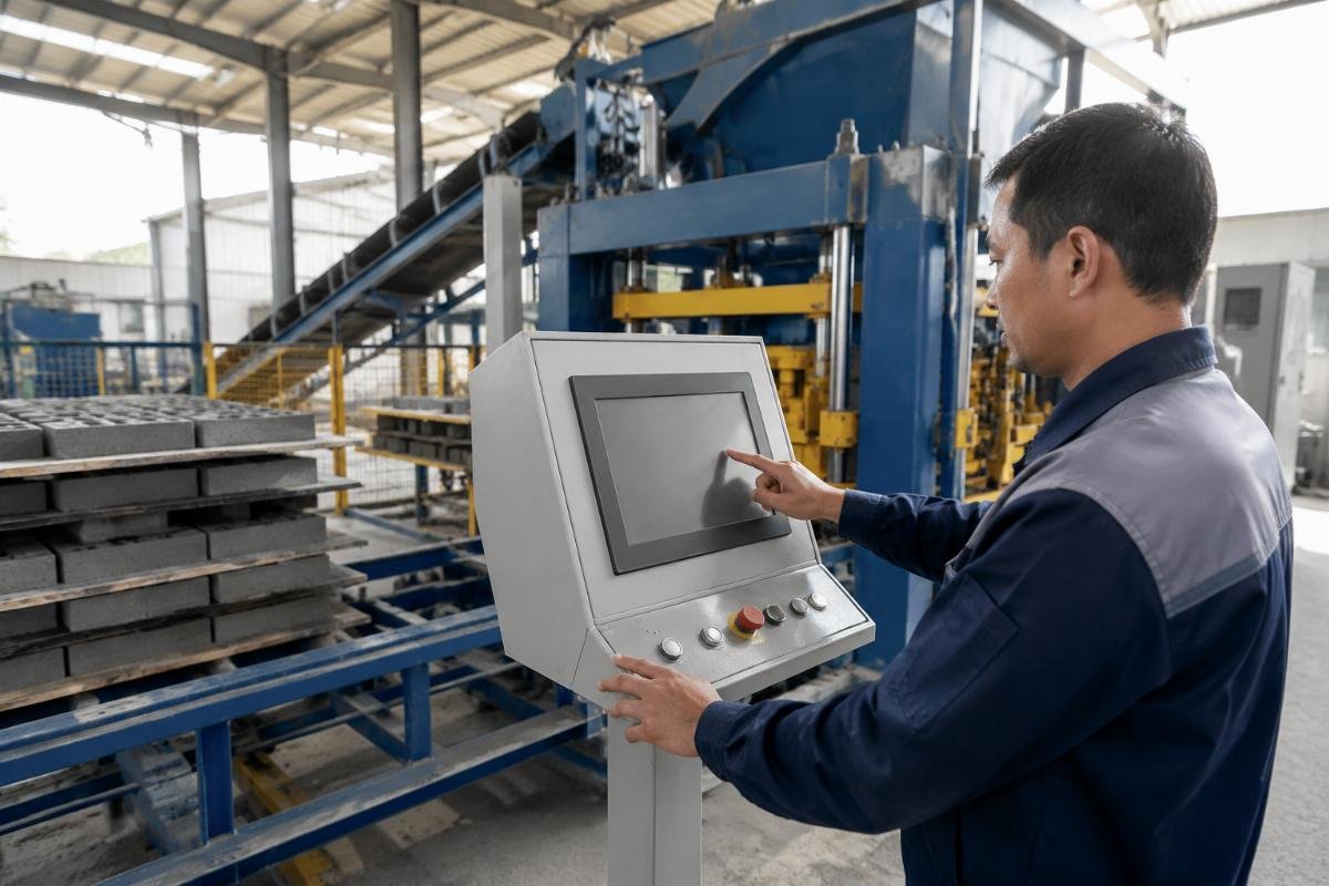 PLC HMI multilingual operator training interface Operator using multilingual PLC touchscreen HMI to switch block recipes on a concrete block making machine