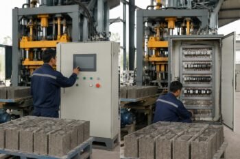 Side-by-side comparison of a PLC touchscreen panel and a traditional relay control panel installed on concrete block making machines