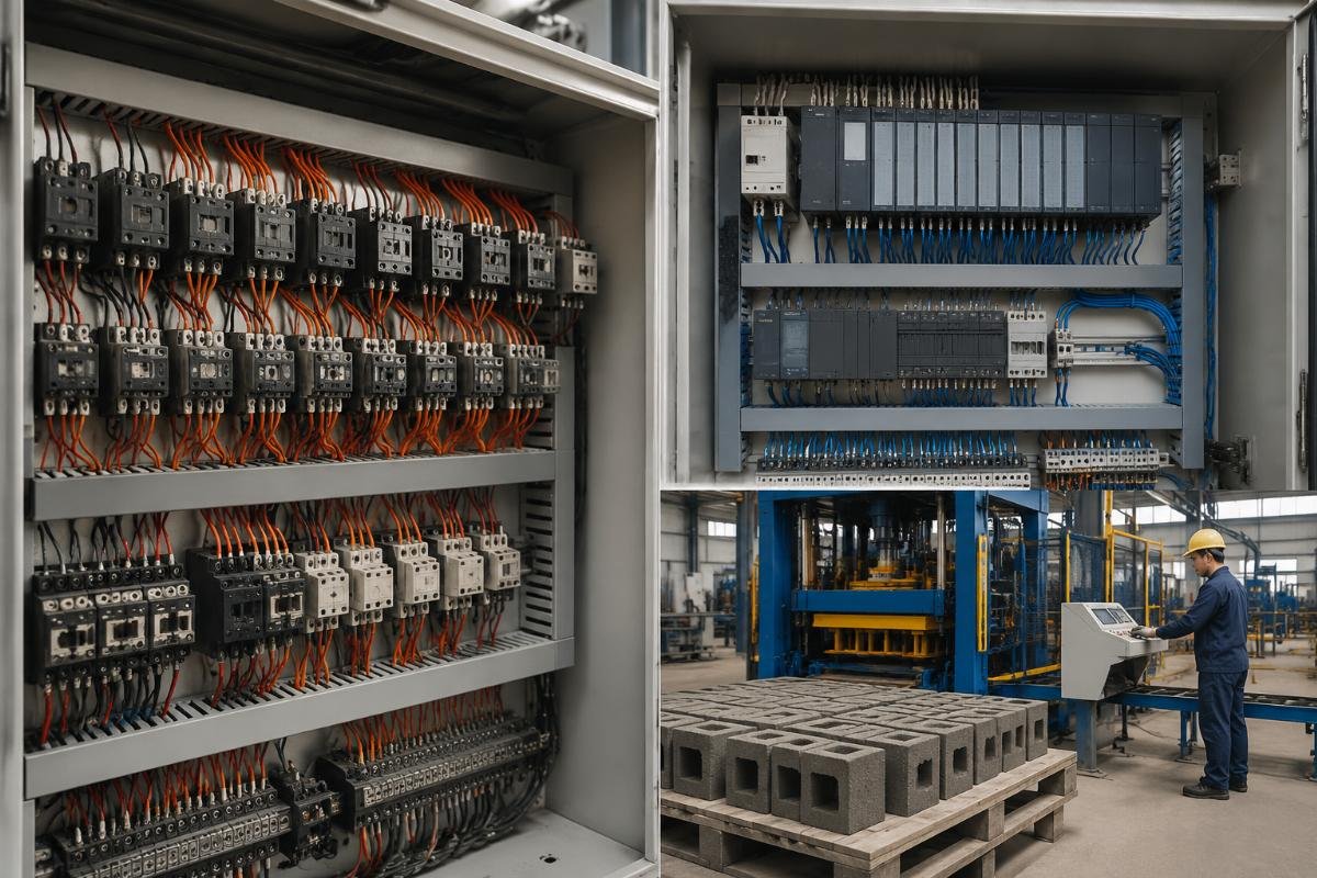 PLC vs relay control block machine internal architecture Internal wiring comparison showing relay contactor density versus compact PLC modular I/O architecture