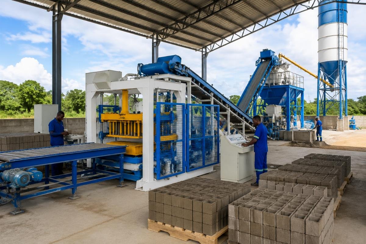 QT10-15 block production line with automatic batching plant in Kenya