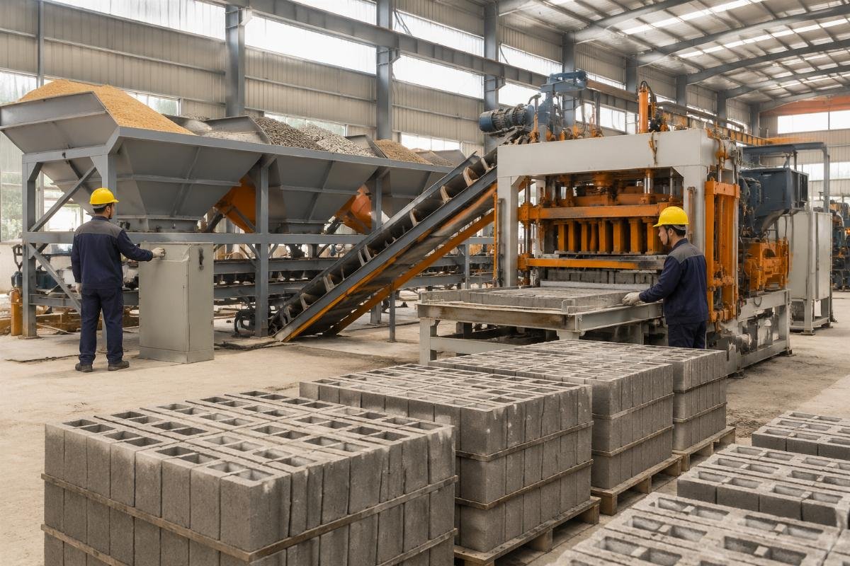 Production line showing raw material batching system feeding into a concrete block making machine