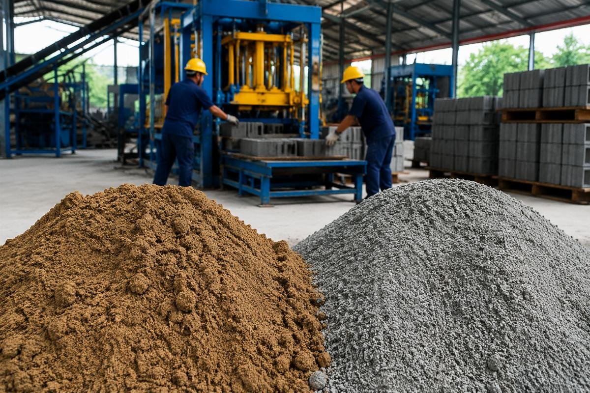 Close-up comparison of high-silt river sand versus clean washed manufactured sand for block production