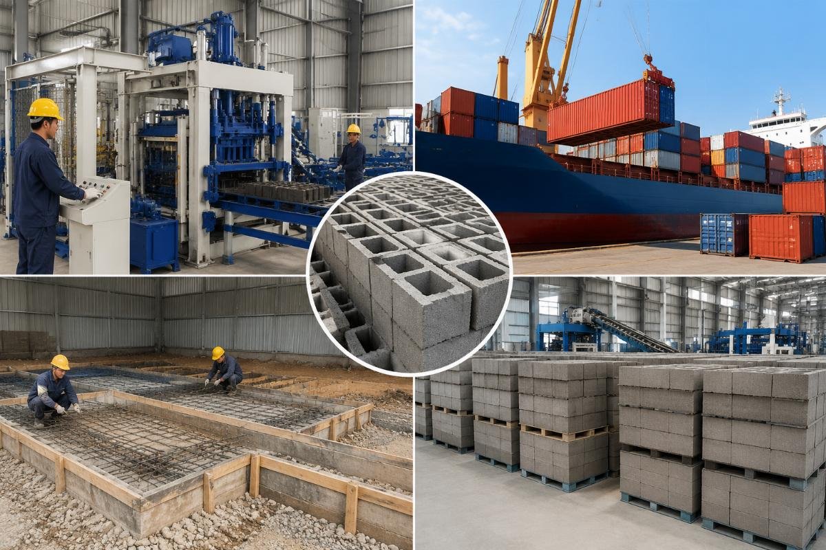 total investment breakdown for block production line Investment breakdown chart showing machine cost, shipping, customs, foundation, and working capital