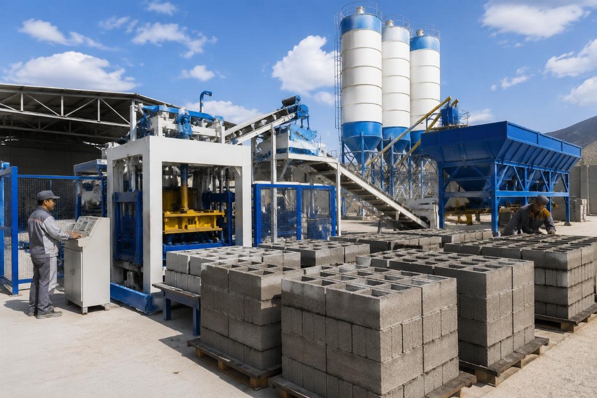 turnkey block machine production line Central Asia project Turnkey block machine production line with mixers, silos, and stackers at Central Asia project site