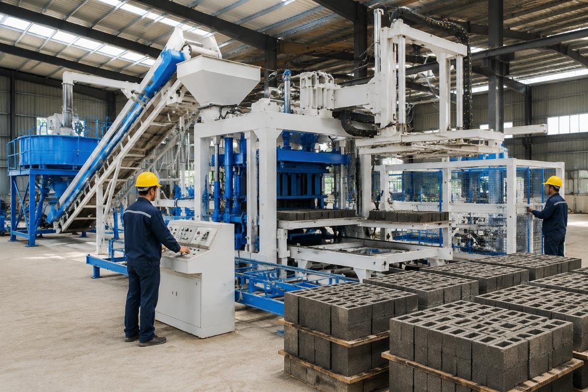 Turnkey block machine solution fast commissioning Turnkey block machine production line with mixer conveyor and automatic stacker