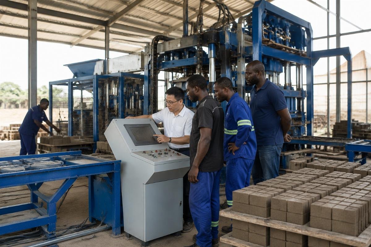 Engineer training local operators on automatic block machine PLC control panel