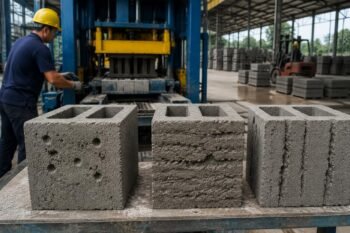 Block surface defect comparison showing bubble marks, tears, and layering on poorly vibrated concrete blocks