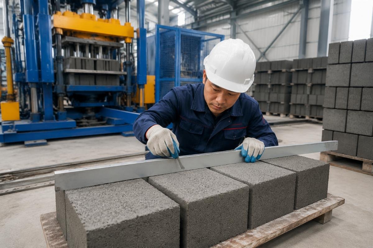 Field technician measuring block flatness with a 2-meter straightedge and feeler gauge
