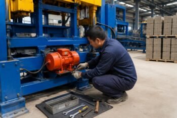 Vibration motor mounted on a block machine frame with maintenance tools arranged nearby