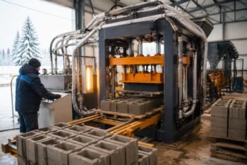 Concrete block machine prepared for winter operation with insulated hydraulic lines and preheated molds