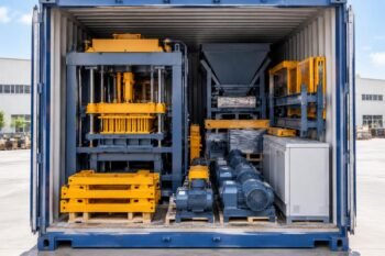 3D rendering of a disassembled paver block machine components neatly arranged inside a 40ft high cube container showing optimized space utilization