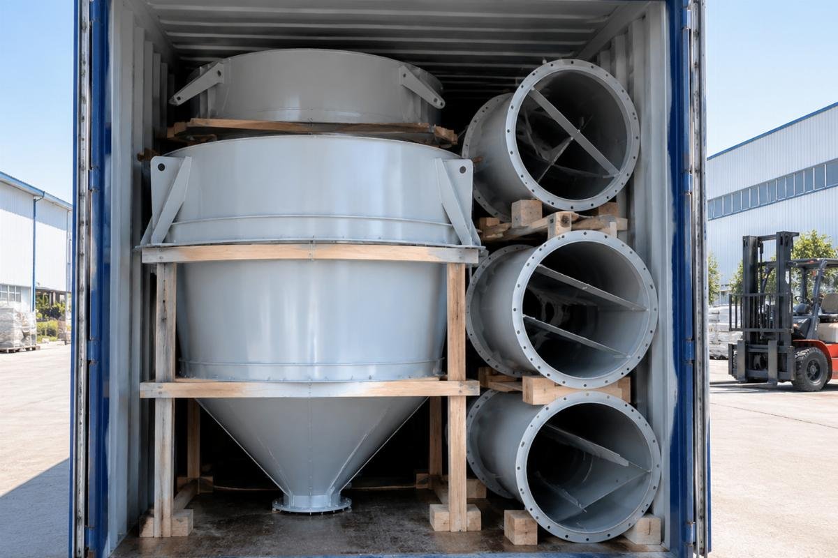 3D rendering of optimized cement silo sections packed inside a 40HQ shipping container