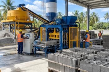 A concrete block production line operating in a tropical environment, showing the mixer and main host of a Hollow Block Machine for Sale in Dominican Republic
