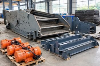 A detailed view of a dismantled sand screening machine showing separated vibration motors and structural steel frames ready for recycling
