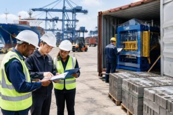 A shipping container being inspected at a port with visible documentation checks, highlighting the importance of compliance for a QT12-15 block machine manufacturer for Ethiopia govt projects