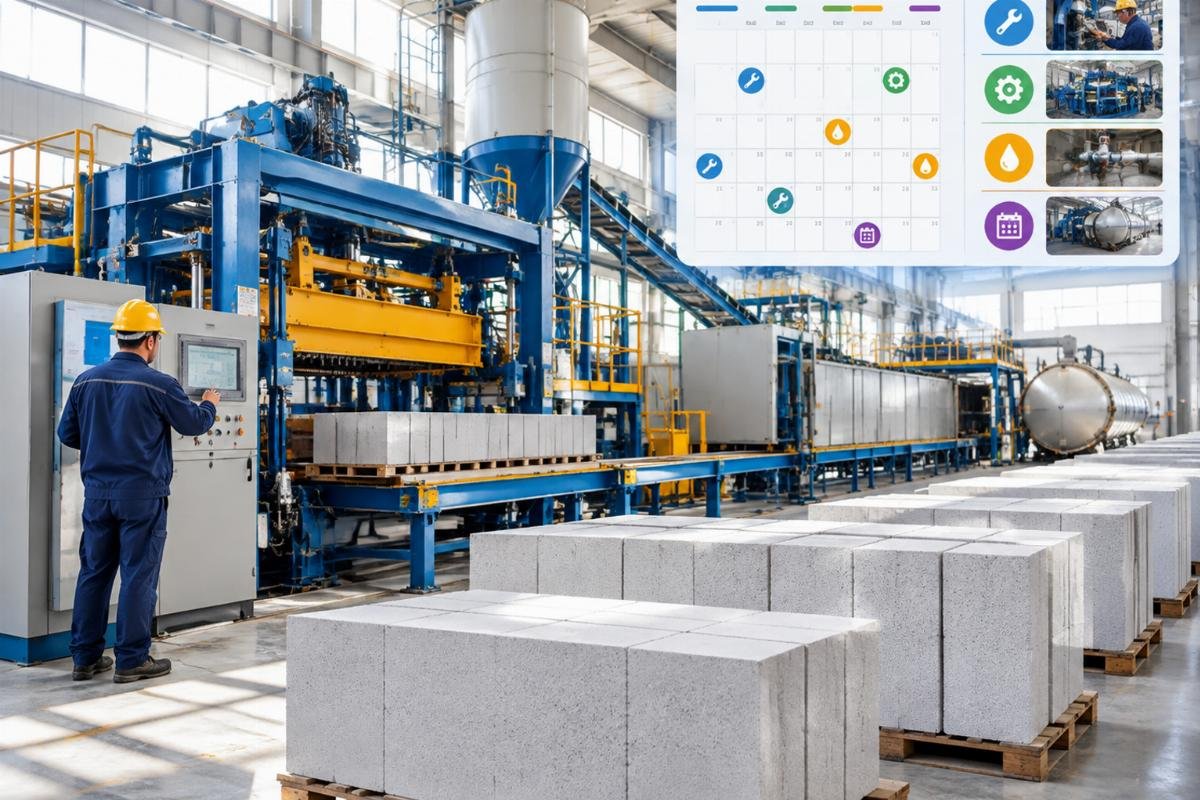 Calendar view highlighting key maintenance milestones for an AAC production line