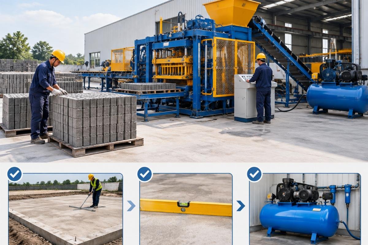 Checklist graphic outlining site preparation steps including foundation leveling and air compressor specification checks