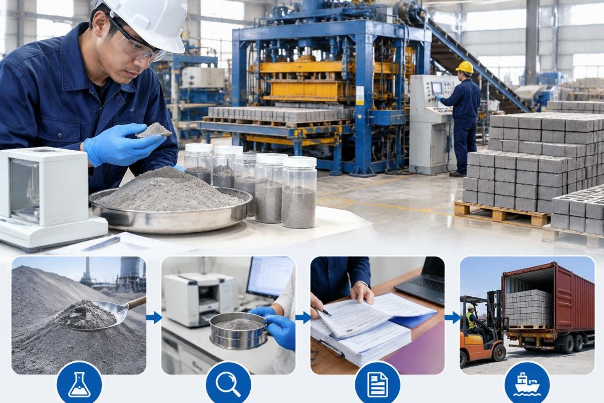 Checklist graphic showing steps for verifying fly ash quality and preparing export documentation