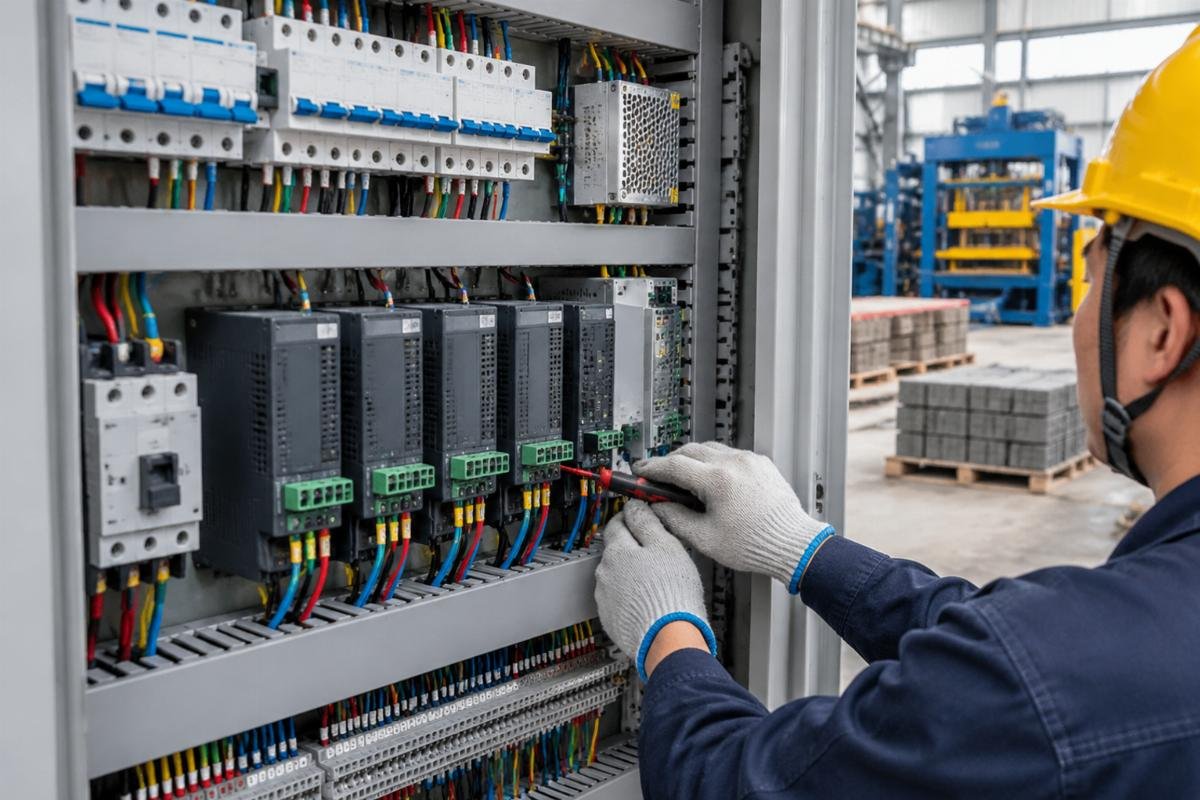 Close-up of a PLC control panel with voltage regulation modules