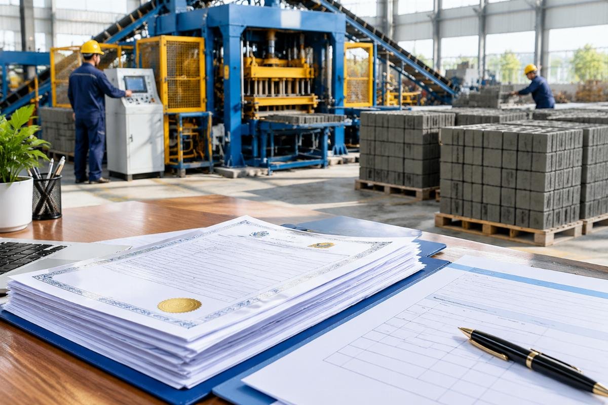 Close-up of a stack of export documents including COC and invoices, highlighting the need for accuracy for a QT12-15 block machine manufacturer for Ethiopia govt projects