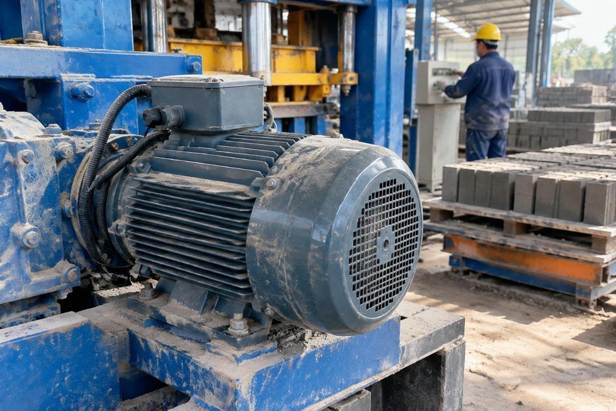 Close-up of an IP55 rated motor installed on a concrete block machine in a dusty environment