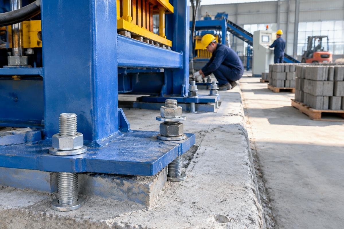 Close-up of anchor bolts and base plates on a concrete foundation for block making machinery