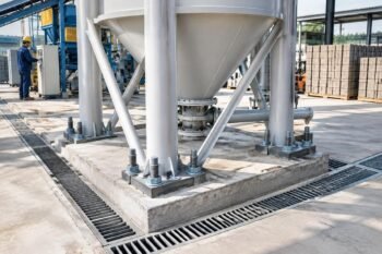 Close-up of properly installed anchor bolts and drainage channels around a silo base