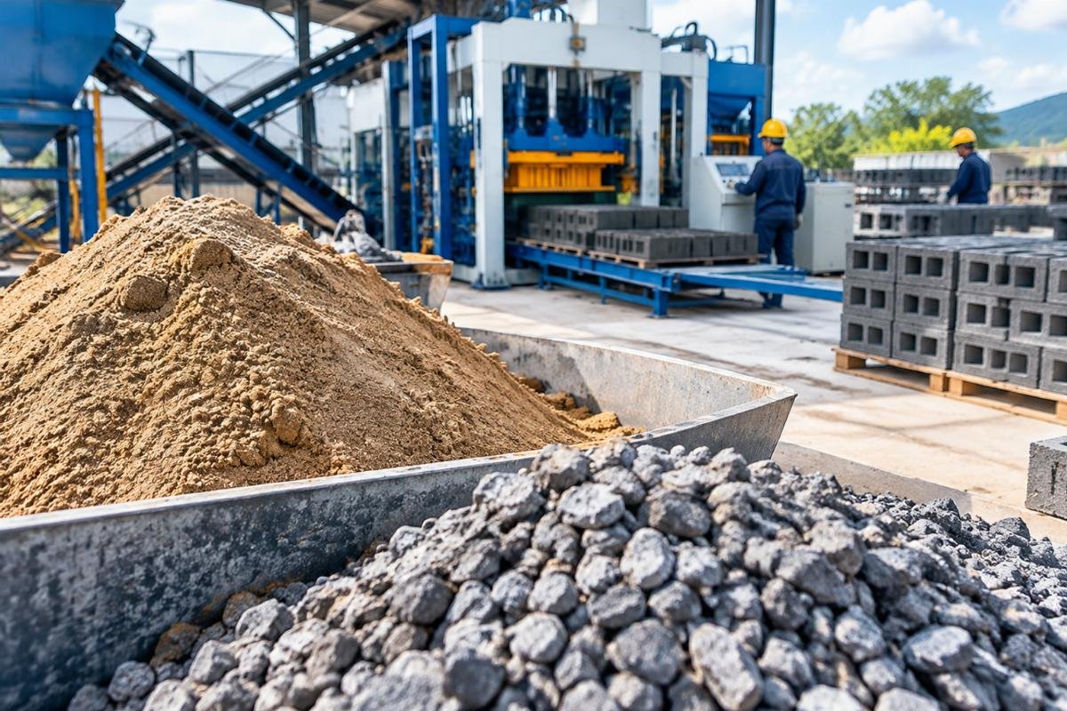 Close-up of raw aggregate materials including sand and gravel, highlighting the importance of quality control for a Hollow Block Machine for Sale in Dominican Republic