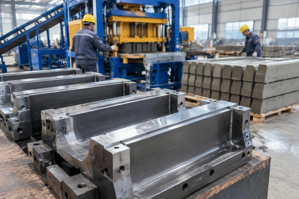 Close-up of specialized hardened steel mold inserts for curbstone production