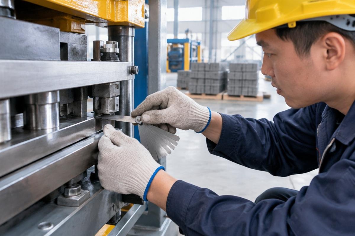 Close-up of technician using feeler gauges to check mold guide clearance